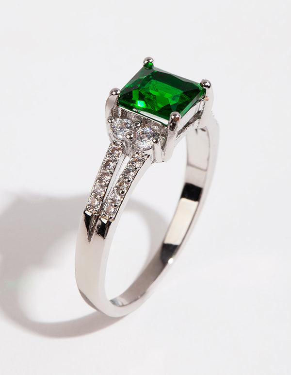 Rhodium Square Emerald Cubic Zirconia Ring