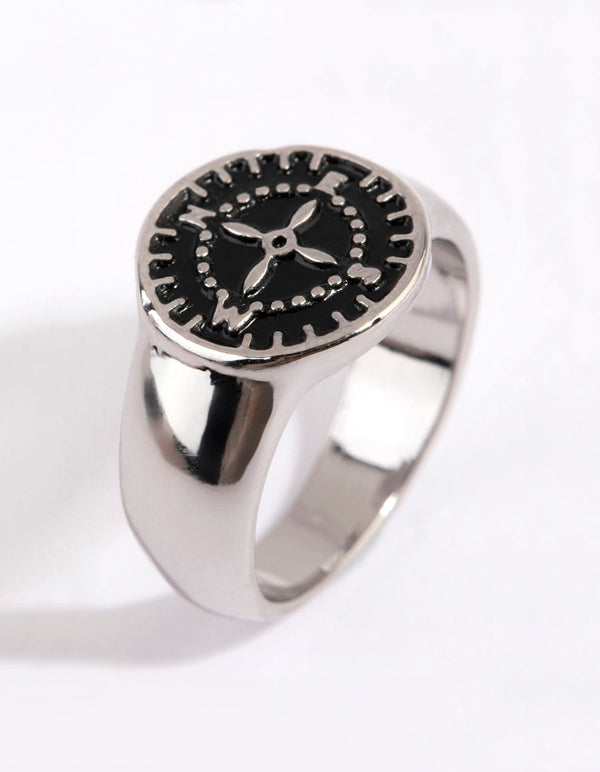 Rhodium Black Compass Signet Ring