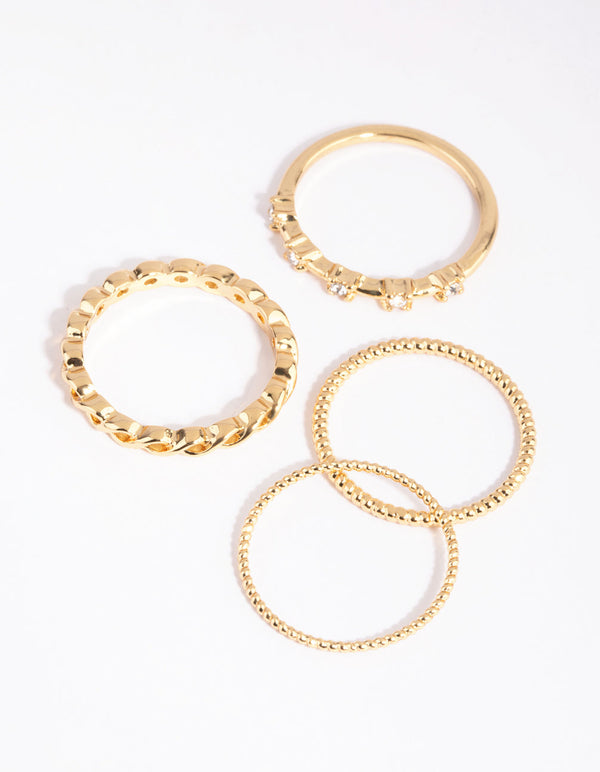 Gold Plated Diamante Ring 4-Pack