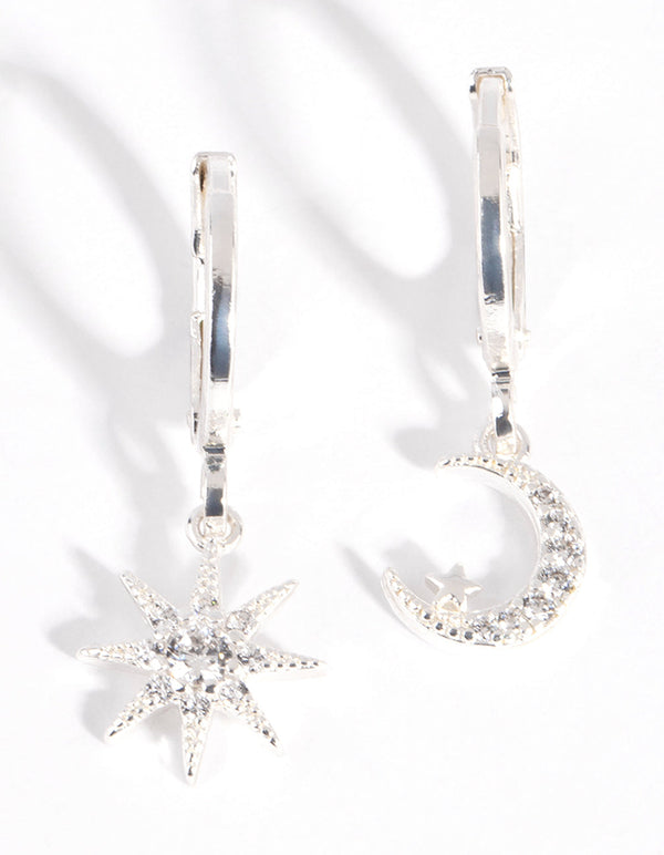Silver Diamante Mismatched Celestial Huggie Earrings