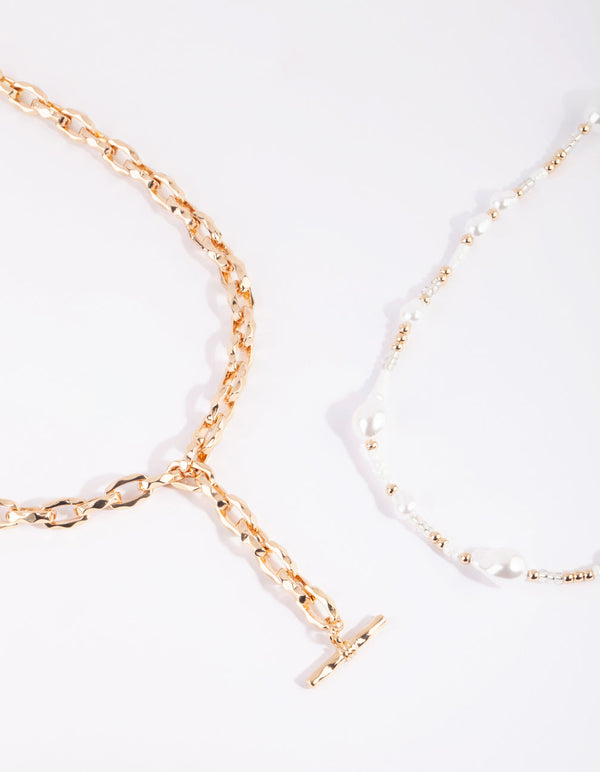 Gold & White Pearl Chain Fob Necklace