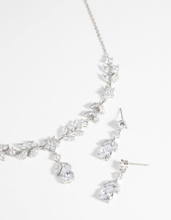 Rhodium Diamond Simulant Floral Necklace & Earrings Set