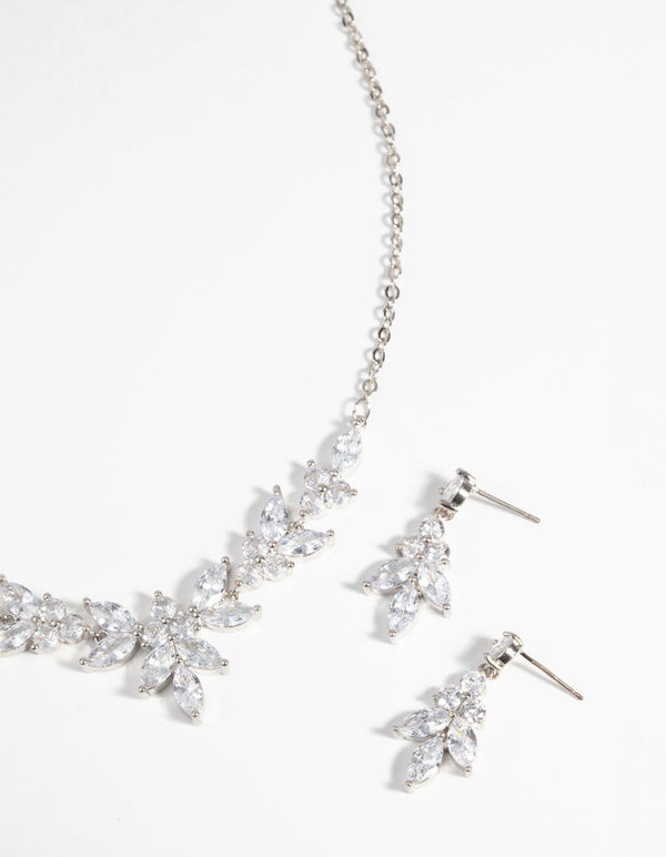 Rhodium Diamond Simulant Navette Necklace & Earrings Set