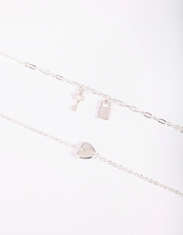 Silver Love & Lock Bracelet Set