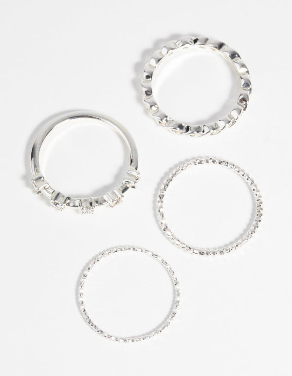 Silver Plated Diamante Ring 4-Pack