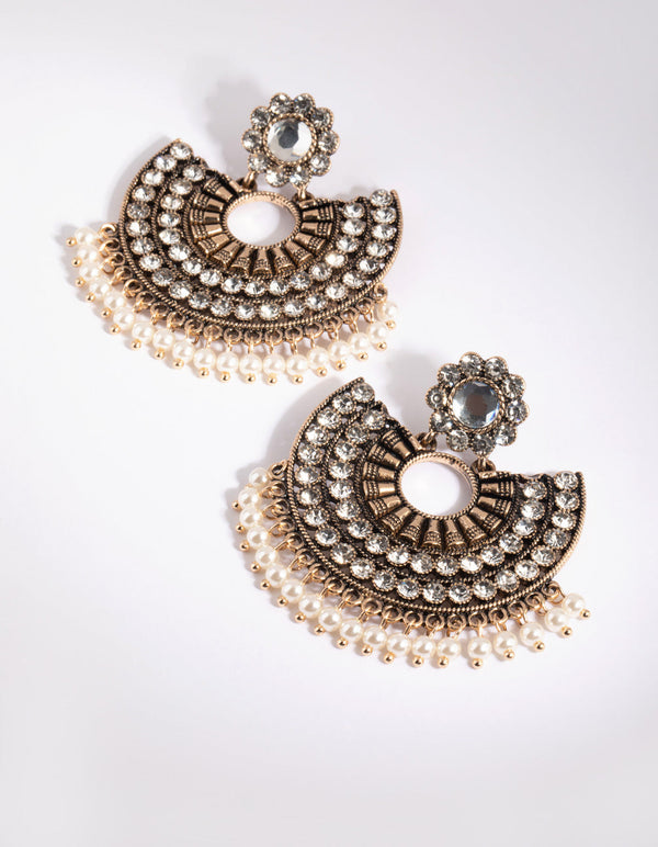 Antique Gold Diamante & Pearl Chandbali Earrings