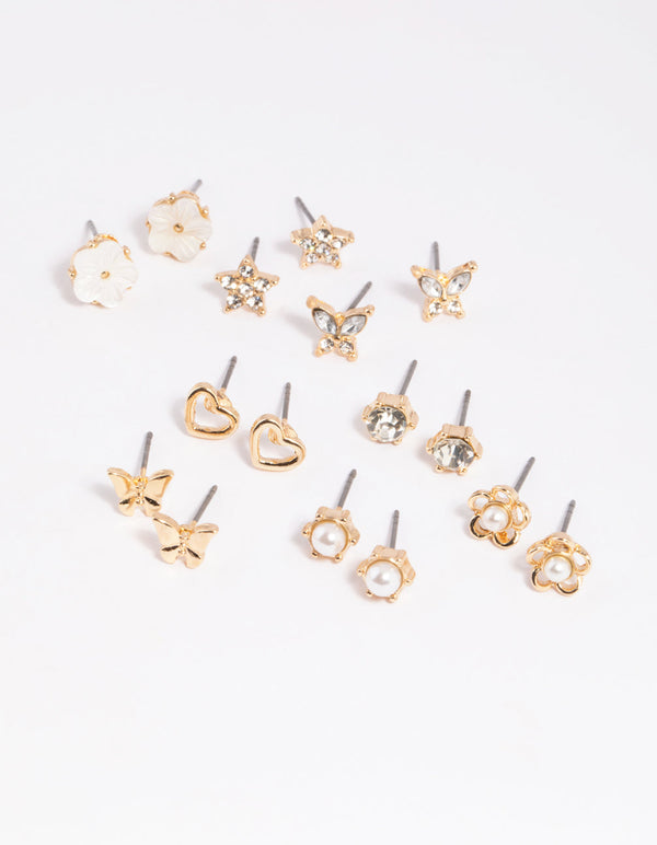 Gold Pearlised Flower Stud Earring 8-Pack