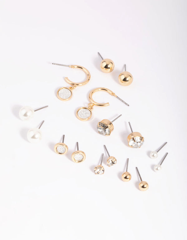 Gold Glitter & Pearl Stud Earring 8-Pack