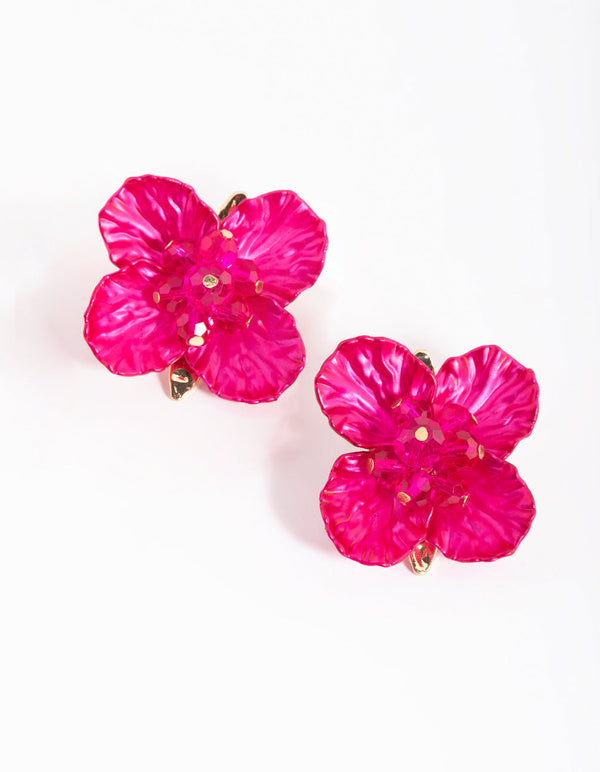 Fuchsia Pearlised Flower Stud Earrings