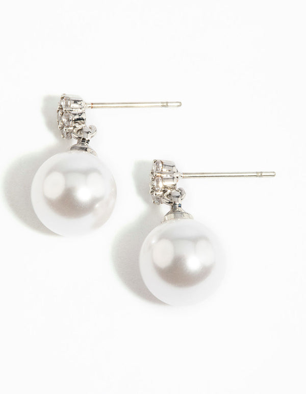 Rhodium Cubic Zirconia Pearl Drop Earrings