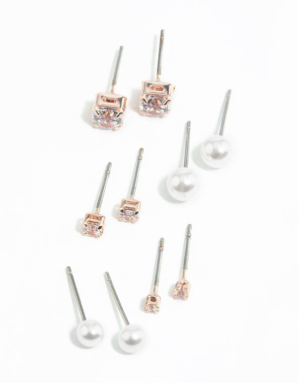 Rose Gold Diamante Stud Earring 5-Pack