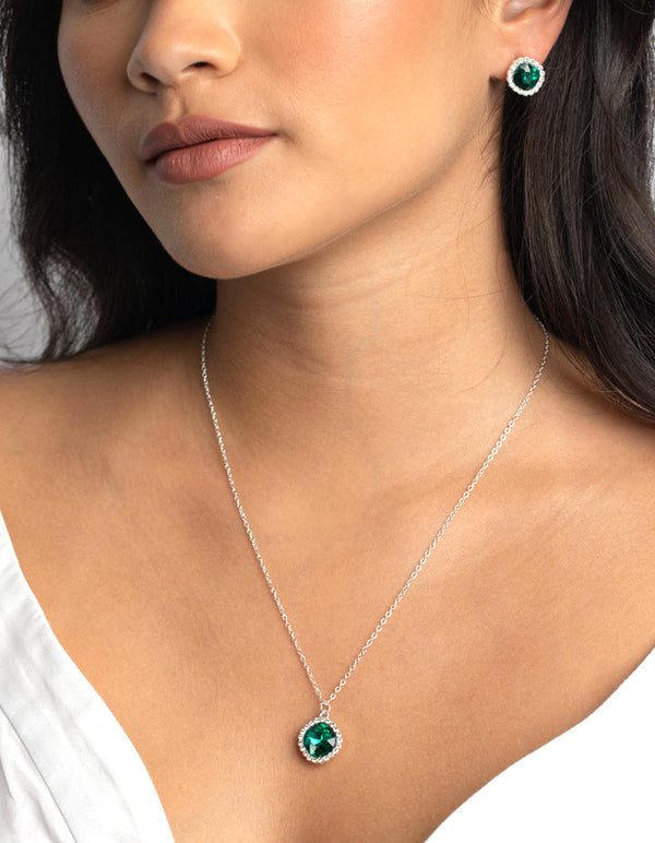 Green Cushion Halo Necklace & Earrings Set