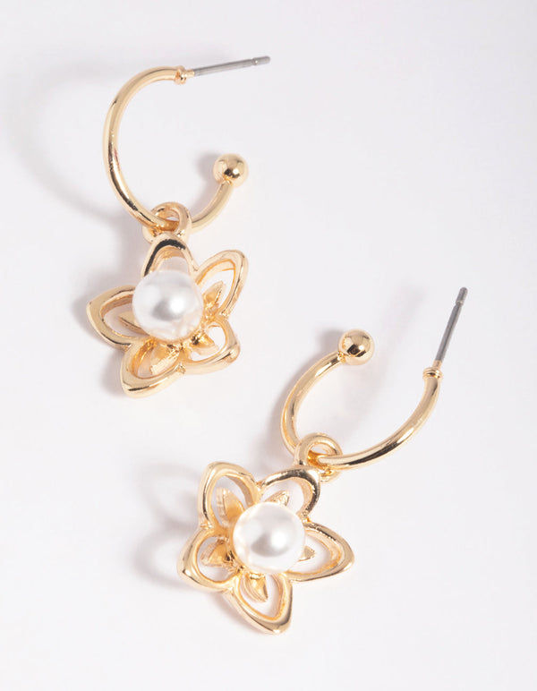 Gold Pearl Flower Huggie Hoop Earrings