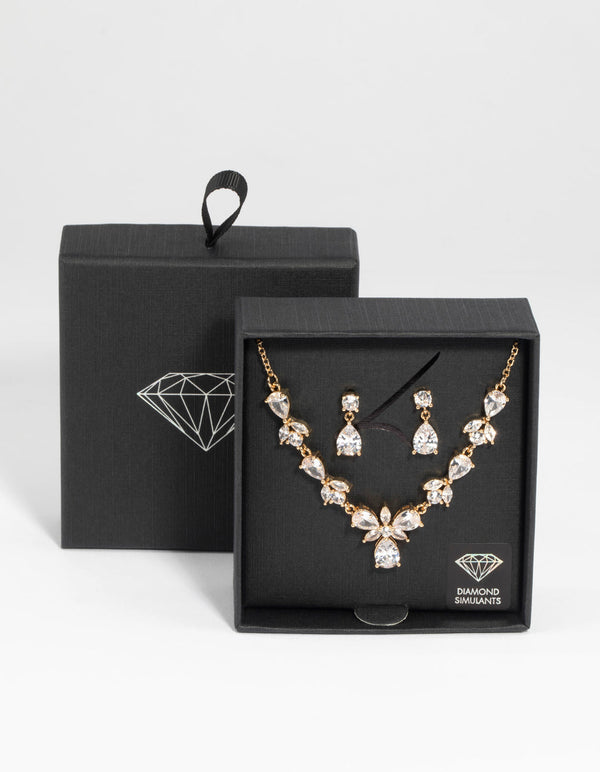 Rhodium Diamond Simulant Floral Necklace & Earrings Set