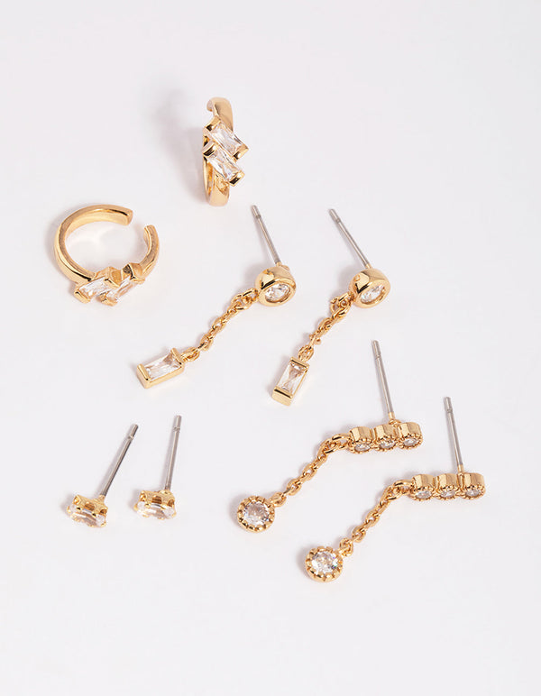 Gold Cubic Zirconia Baguette Stud Earring 8-Pack