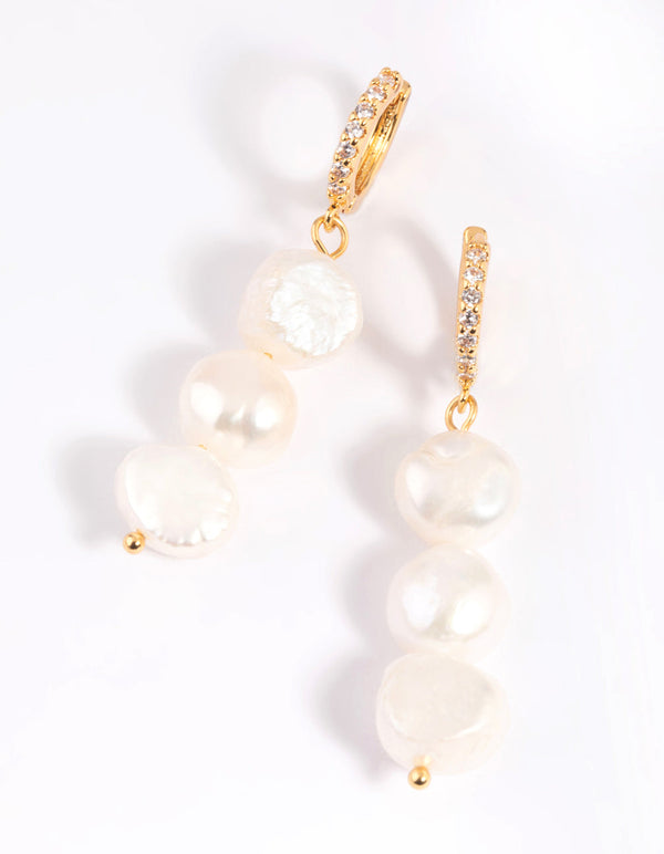 Gold Plated Cubic Zirconia & Freshwater Pearl Drop Earrings