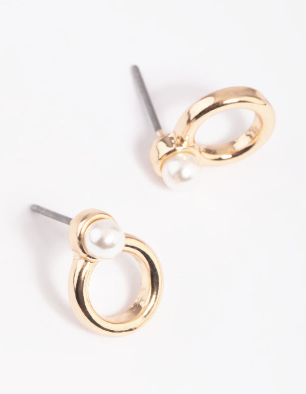 Gold Pearl Thick Circle Stud Earrings
