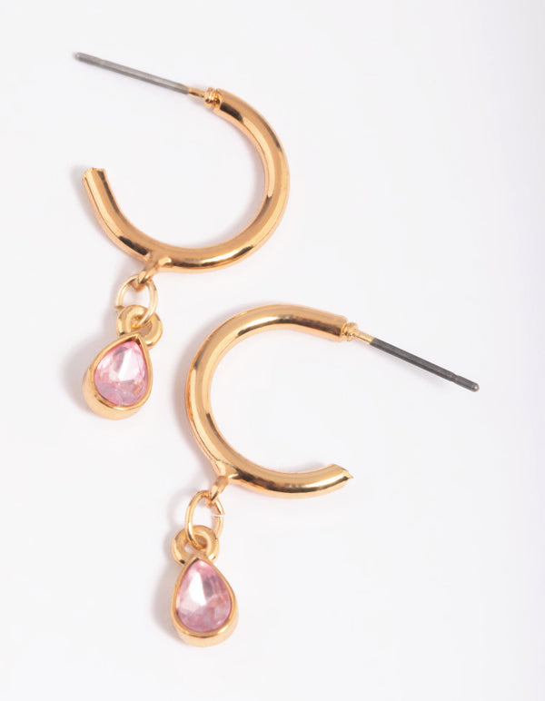Gold Stone Charm Huggie Hoop Earrings