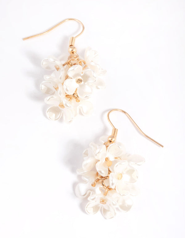 White Pearlised Flower Cluster Drop Earrings