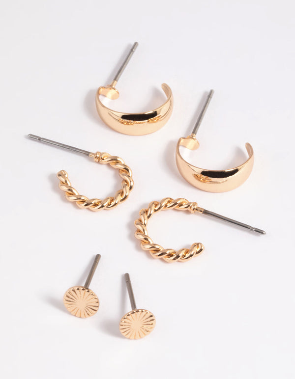 Gold Plain & Twist Stud Earring Pack