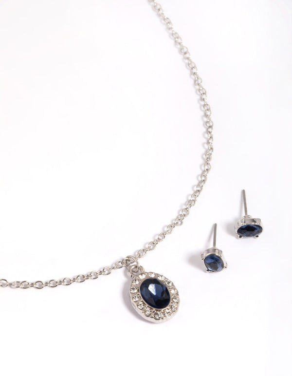 Rhodium Oval Diamante Necklace & Earrings Set