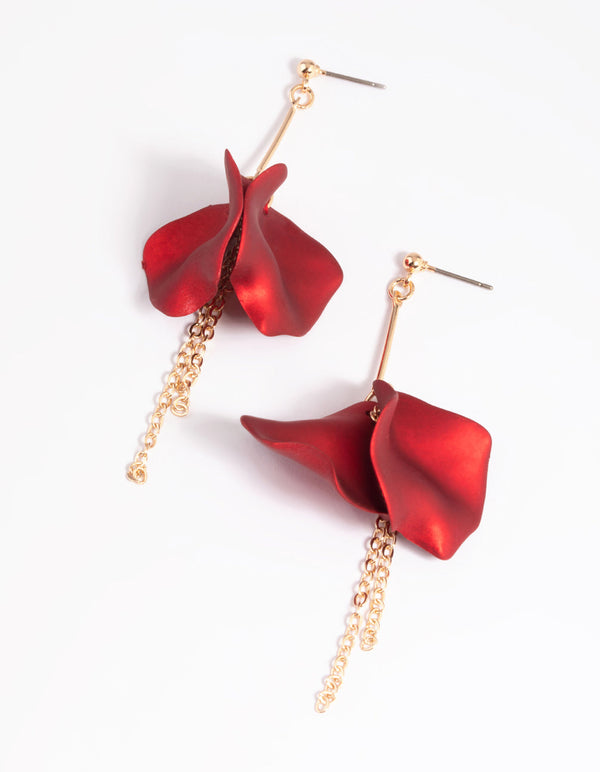Red Petal & Chain Drop Earrings