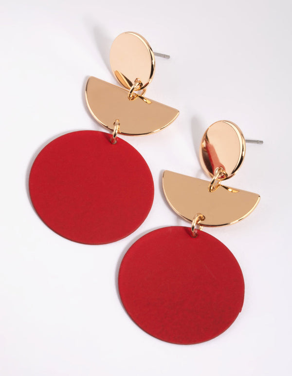 Red Geometric Disc Drop Earrings