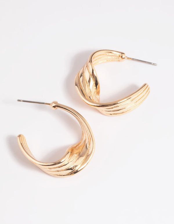 Gold Warped Text Hoop Earrings