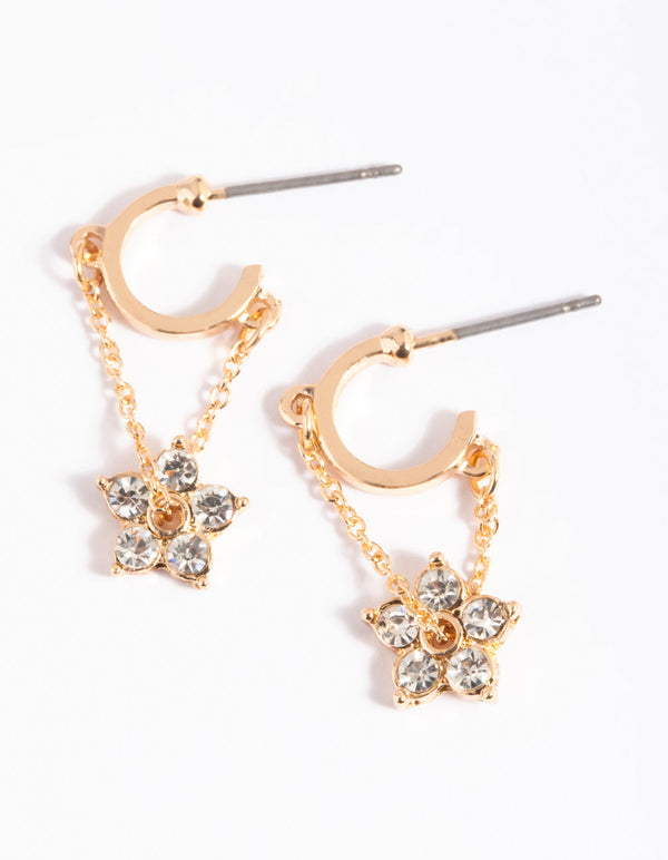 Gold Diamante Flower Chain Huggie Hoop Earrings