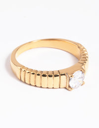 Gold Plated Stainless Steel Line Detail Cubic Zirconia Ring - link has visual effect only
