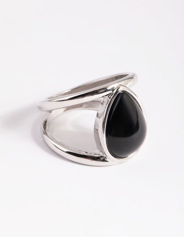 Rhodium Black Pear Stone Ring