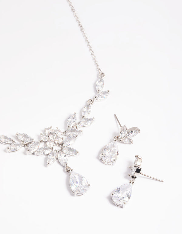 Rhodium Diamond Simulant Teardrop Necklace & Earrings Set