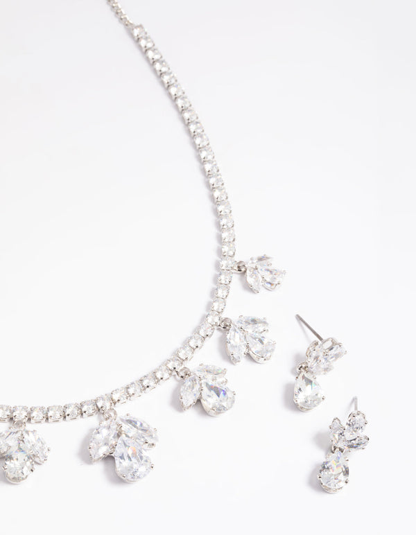 Rhodium Diamond Simulant Flower Necklace & Earrings Set