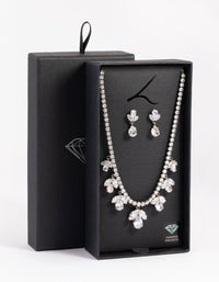 Rhodium Diamond Simulant Flower Necklace & Earrings Set - link has visual effect only