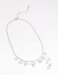 Rhodium Diamond Simulant Flower Necklace & Earrings Set - link has visual effect only