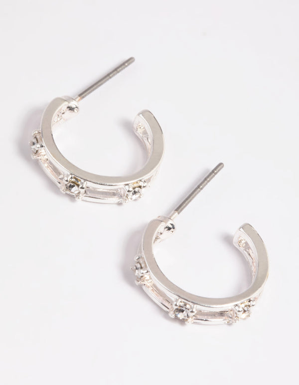 Silver Diamante Huggie Hoop Earrings
