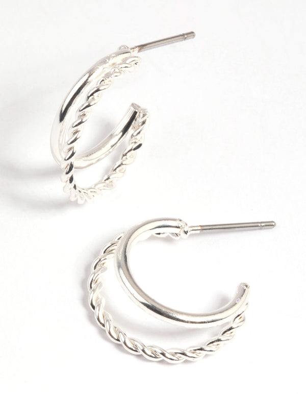 Silver Twisted Huggie Hoop Earrings