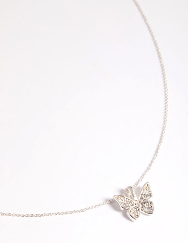 Silver Plated Pave Butterfly Necklace