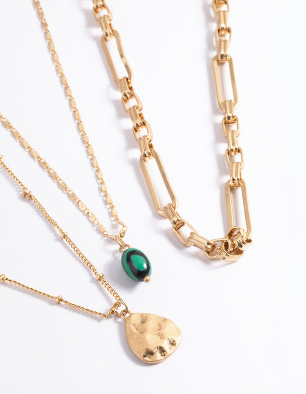 Worn Gold Multi Row Stone Coin Necklace