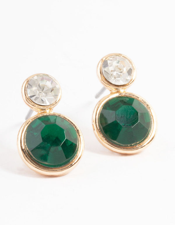 Green Two Stone Round Stud Earrings