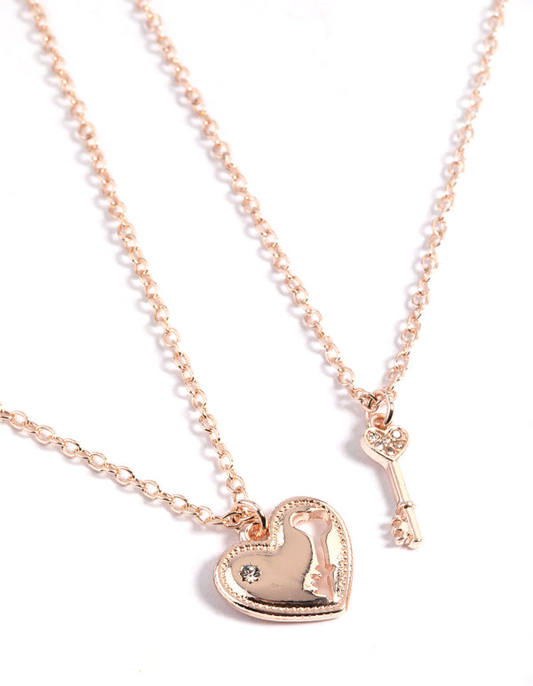 Rose Gold Heart & Key Necklace Pack