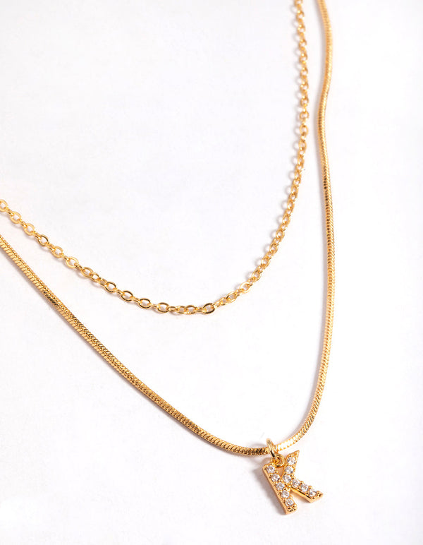 Letter K Gold Plated Layered Diamante Initial Necklace