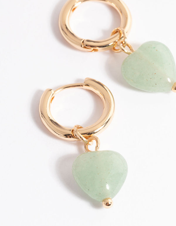 Gold Jade Semi-Precious Heart Huggie Earrings - Lovisa