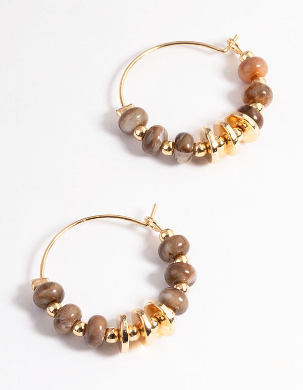 Brown Small Bead & Metal Hoop Earrings