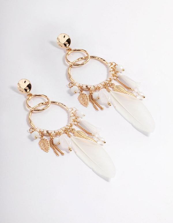Gold Thread Bead Feather Earrings