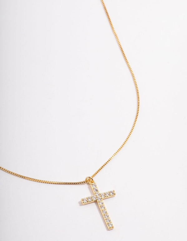 Gold Plated Diamante Cross Fine Chain Necklace - Lovisa