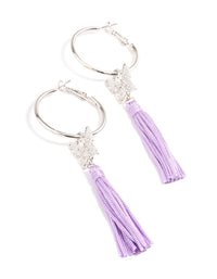 Rhodium Purple Flower Tassel Hoop Earrings - link has visual effect only