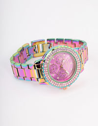 Rainbow Coloured Bling Link Watch - link has visual effect only