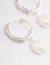 Silver Plated Freshwater Pearl Drop Cubic Zirconia Medium Huggie Earrings - link has visual effect only