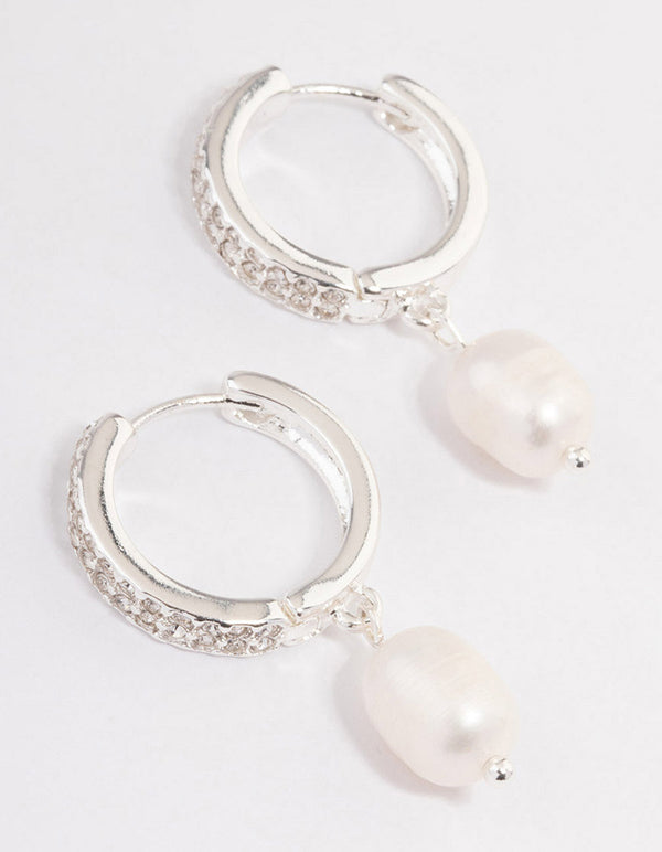Silver Plated Freshwater Pearl Drop Cubic Zirconia Medium Huggie Earrings